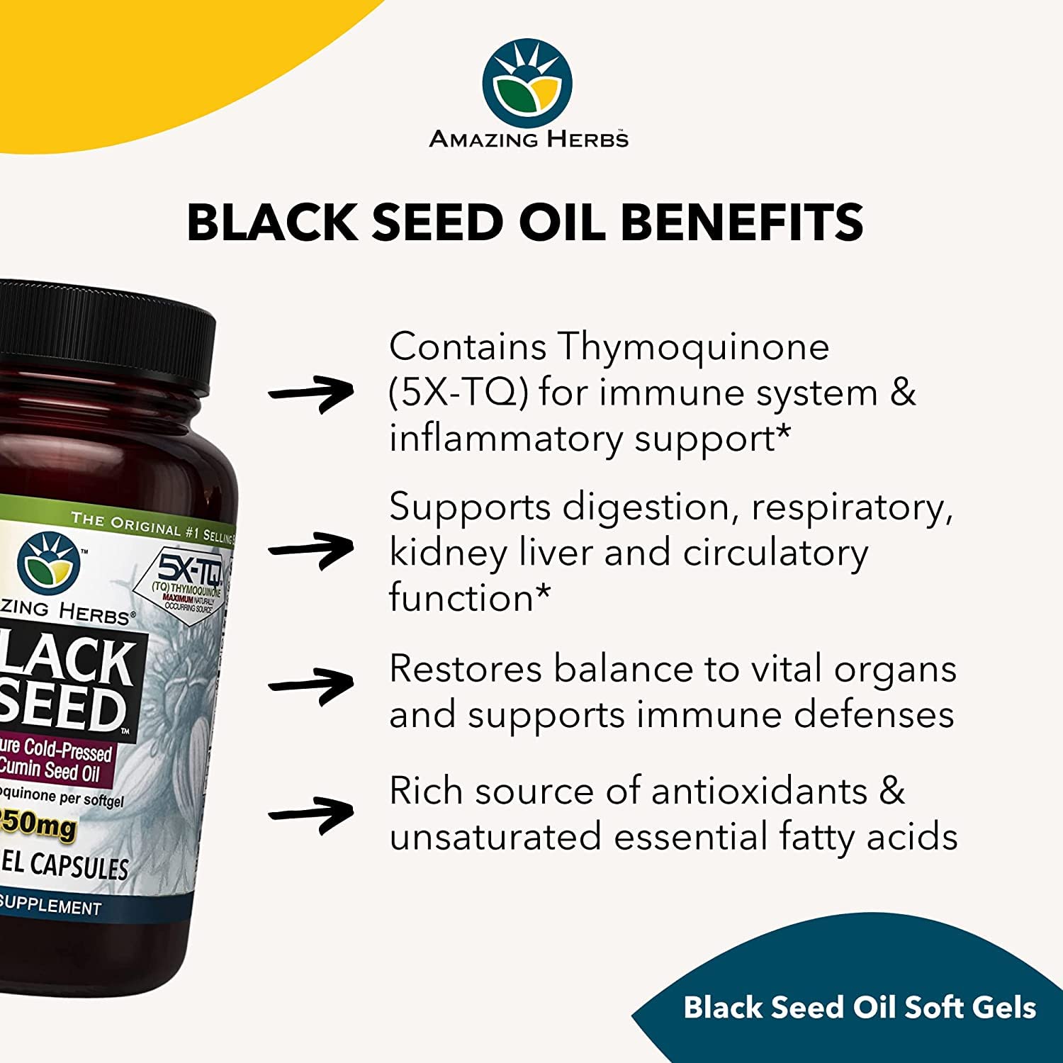 Amazing Herbs Premium Black Seed Oil Capsules label highlights omega fatty acids for wellness.