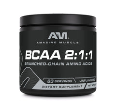 Amazing Muscle BCAA supplement bottle with unflavored powder, 500g