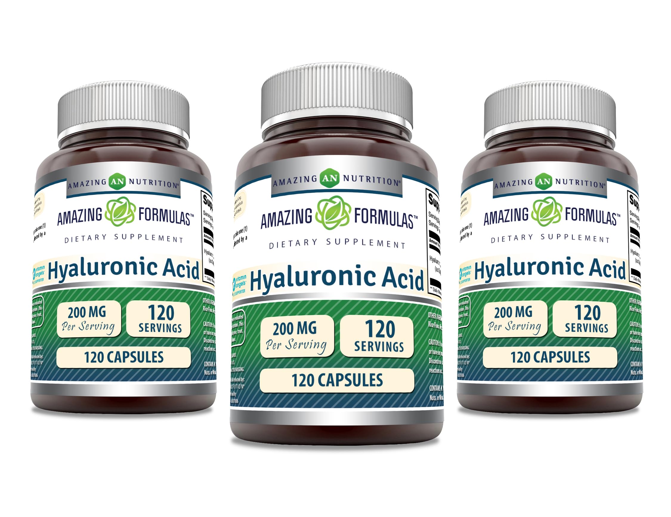 Amazing Nutrition Amazing Formulas Hyaluronic Acid bottle pour supports daily moisture and easy dosing.