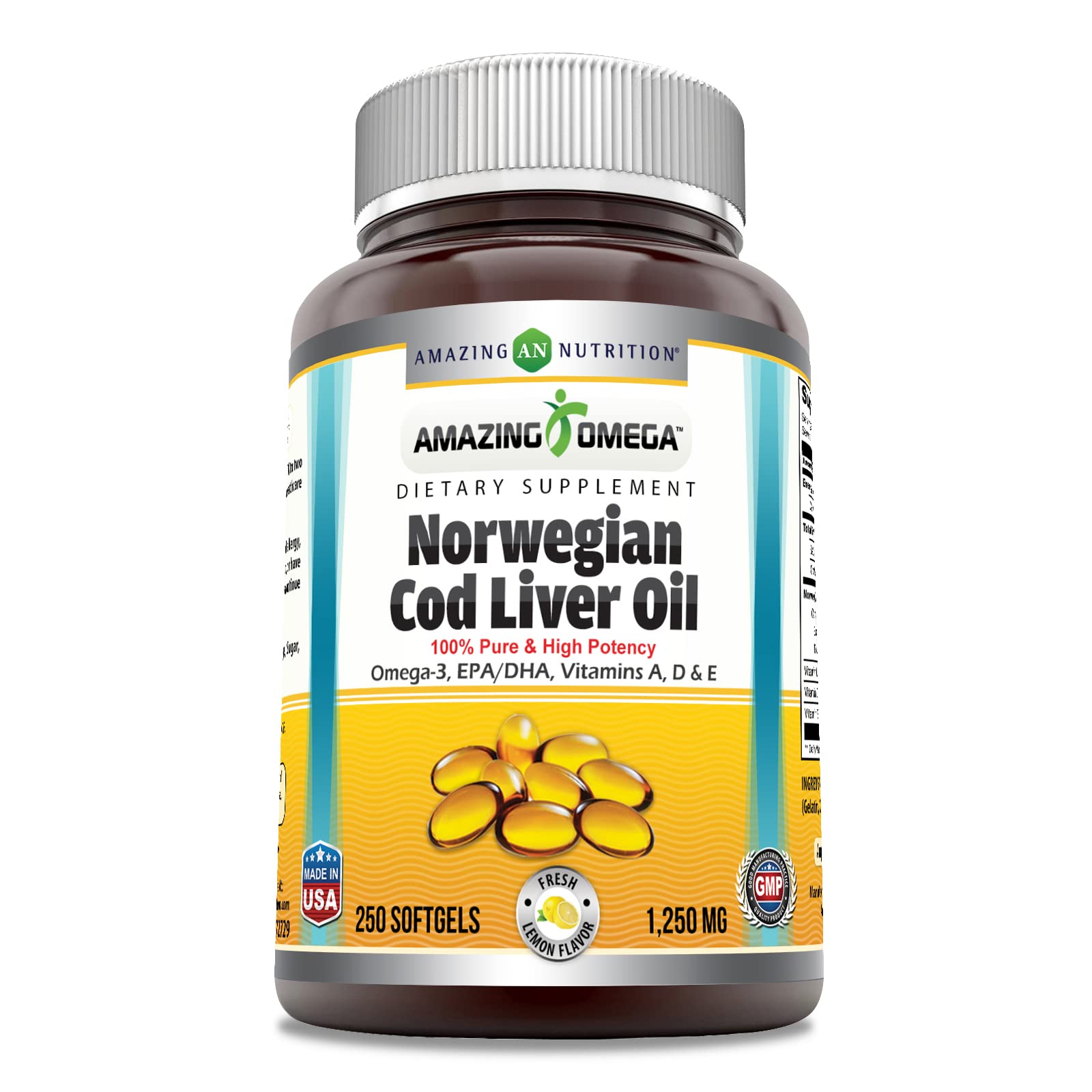 Amazing Nutrition cod liver oil bottle front with orange softgels for daily omega-3 support