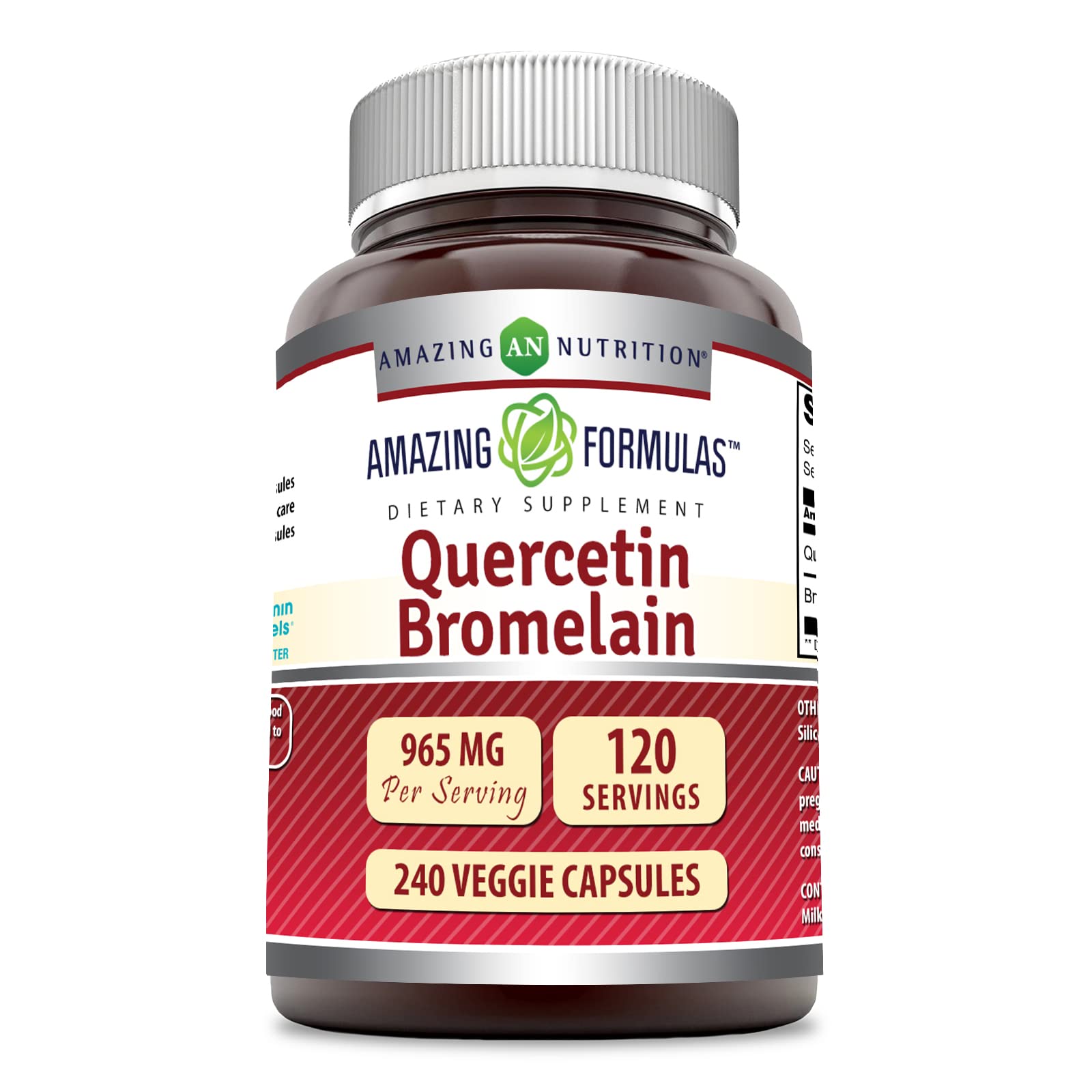 Bottle of Amazing Nutrition Quercetin 800 mg with Bromelain 165 mg Veggie Capsules, 240 count
