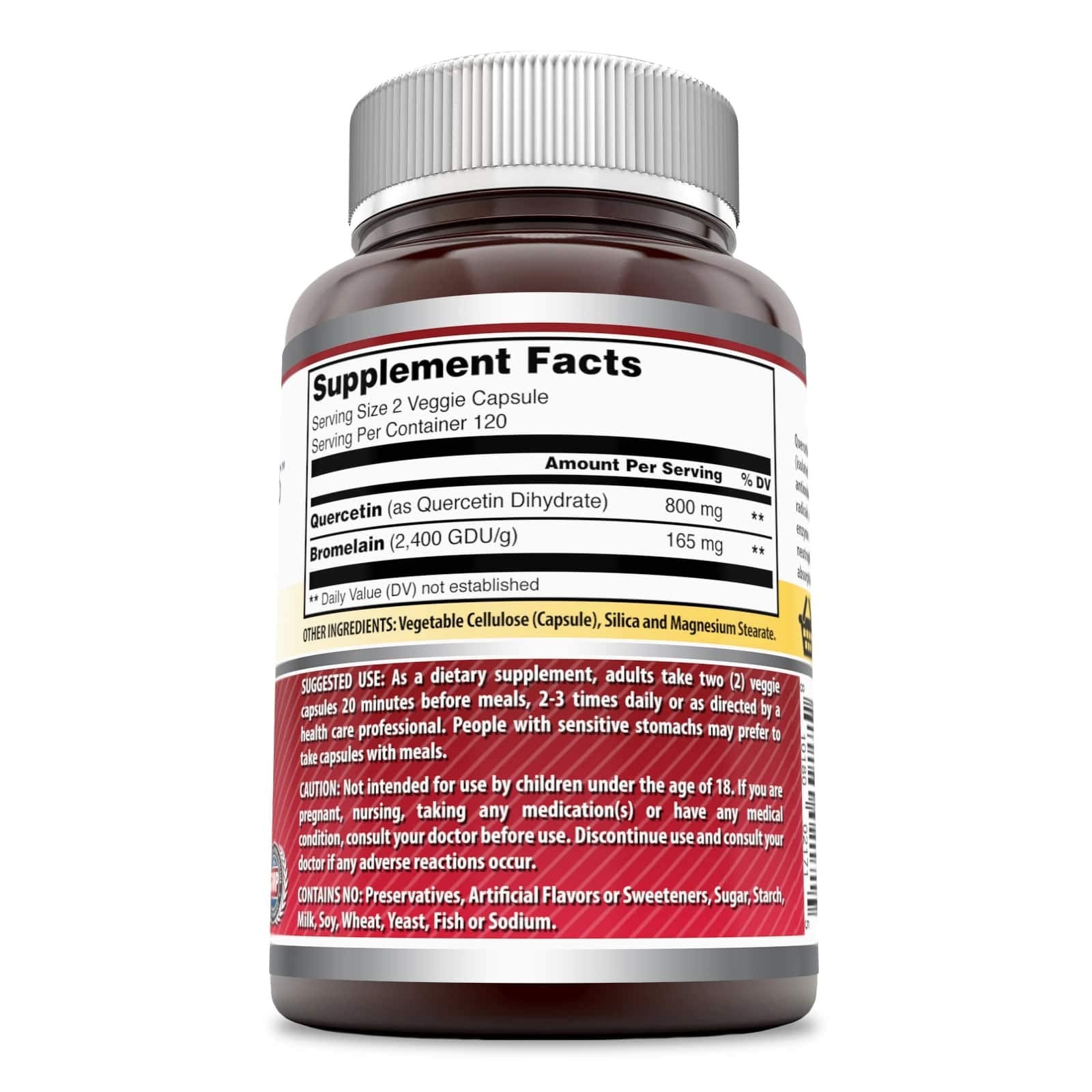 Supplement packaging showing Non-GMO, Gluten Free, Made in USA and vegetarian capsules