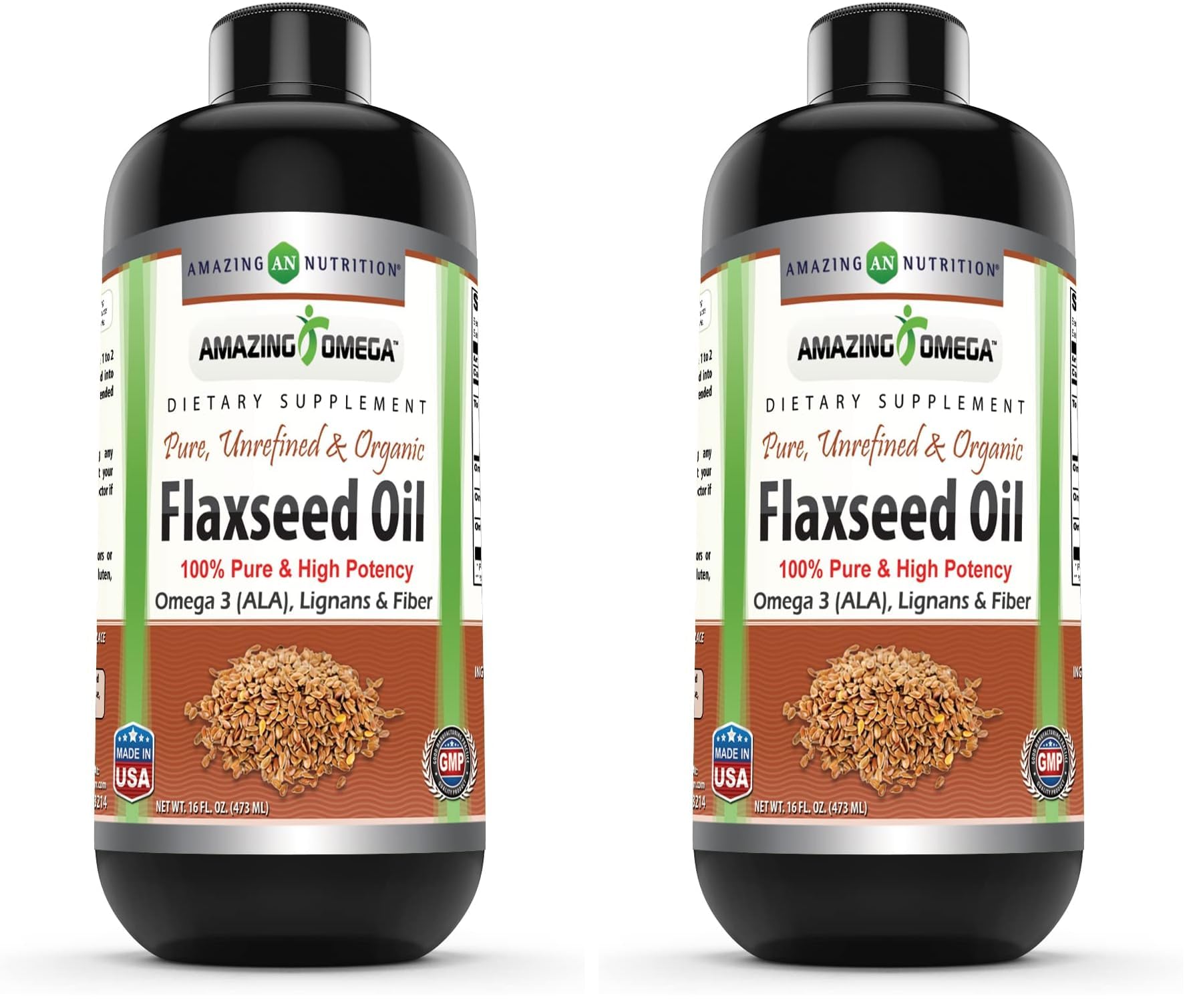 Front view of Amazing Omega Flaxseed Oil Supplement pack (2 bottles)