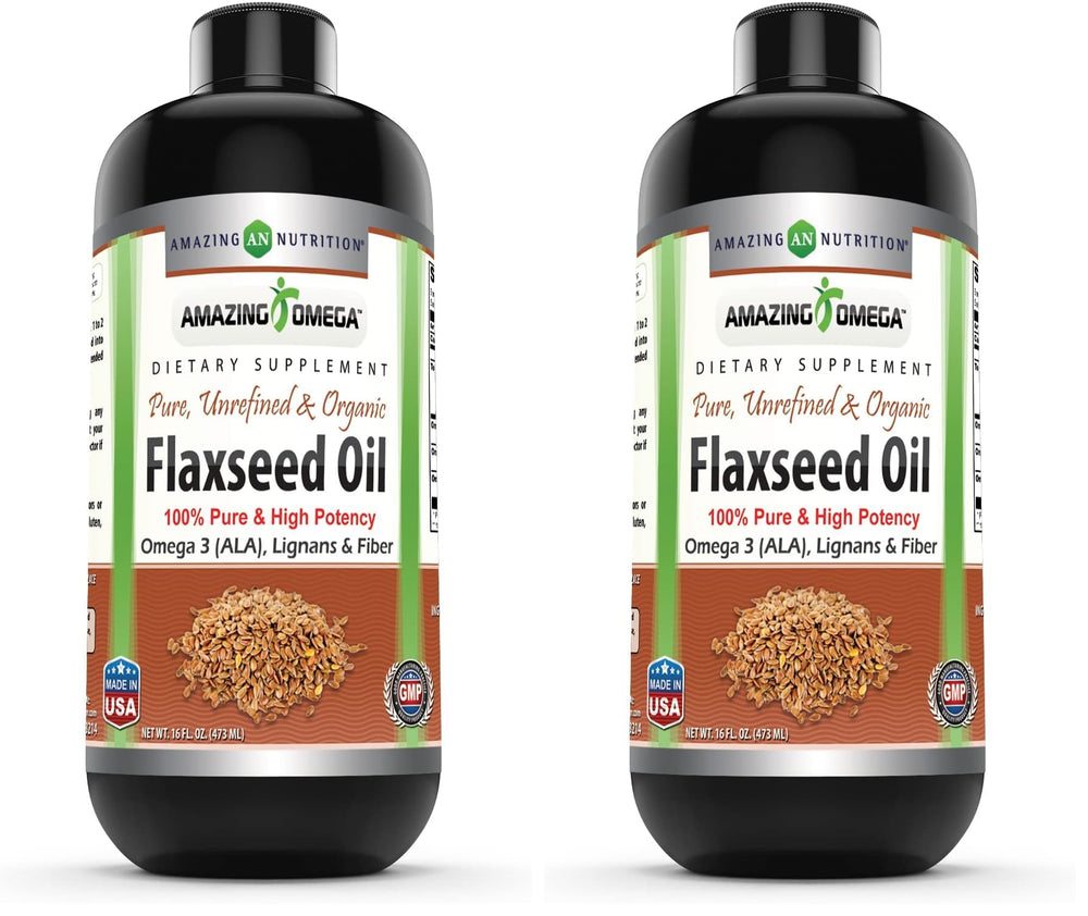 Front view of Amazing Omega Flaxseed Oil Supplement pack (2 bottles)