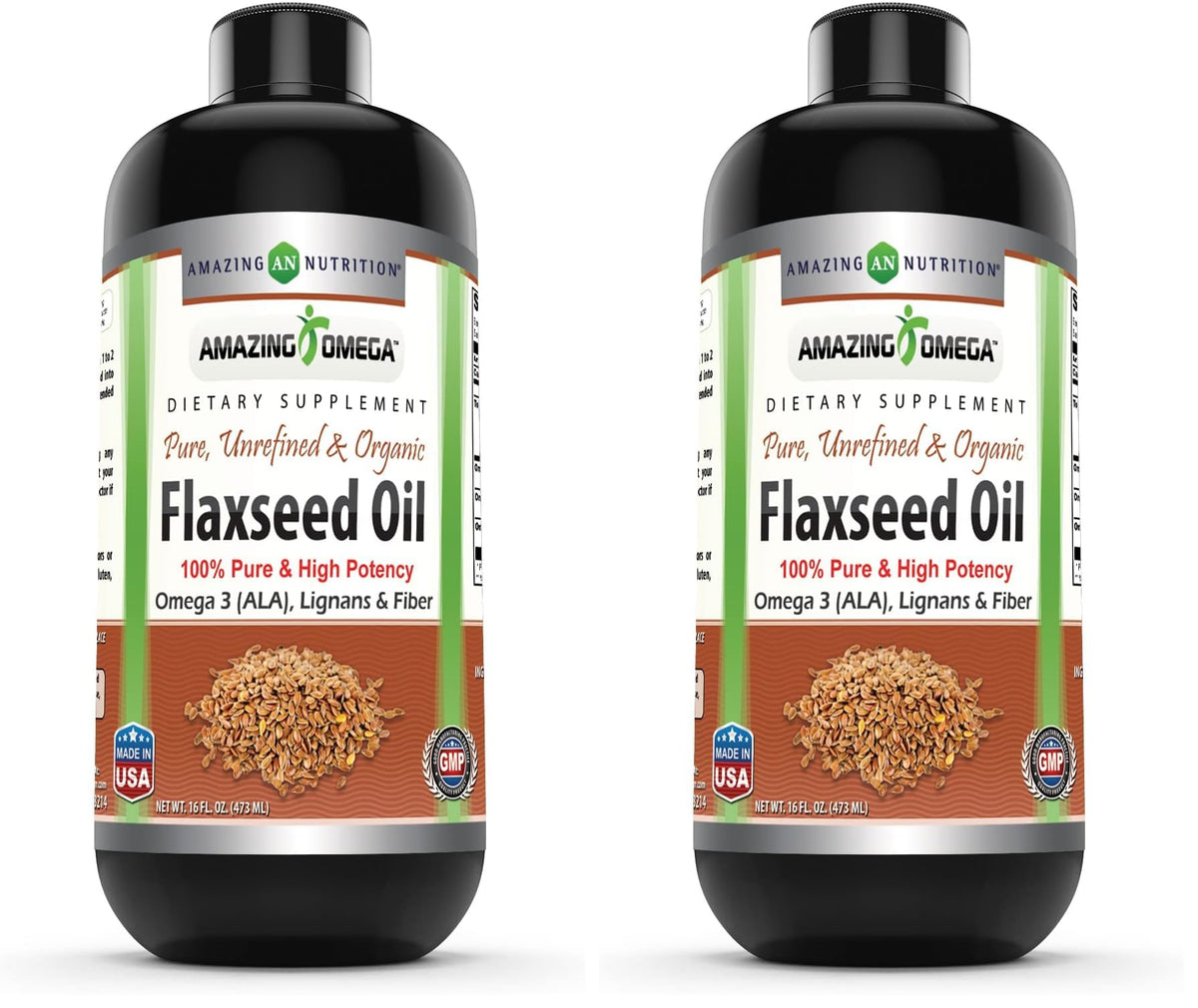 Front view of Amazing Omega Flaxseed Oil Supplement pack (2 bottles)