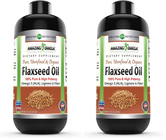 Front view of Amazing Omega Flaxseed Oil Supplement pack (2 bottles)