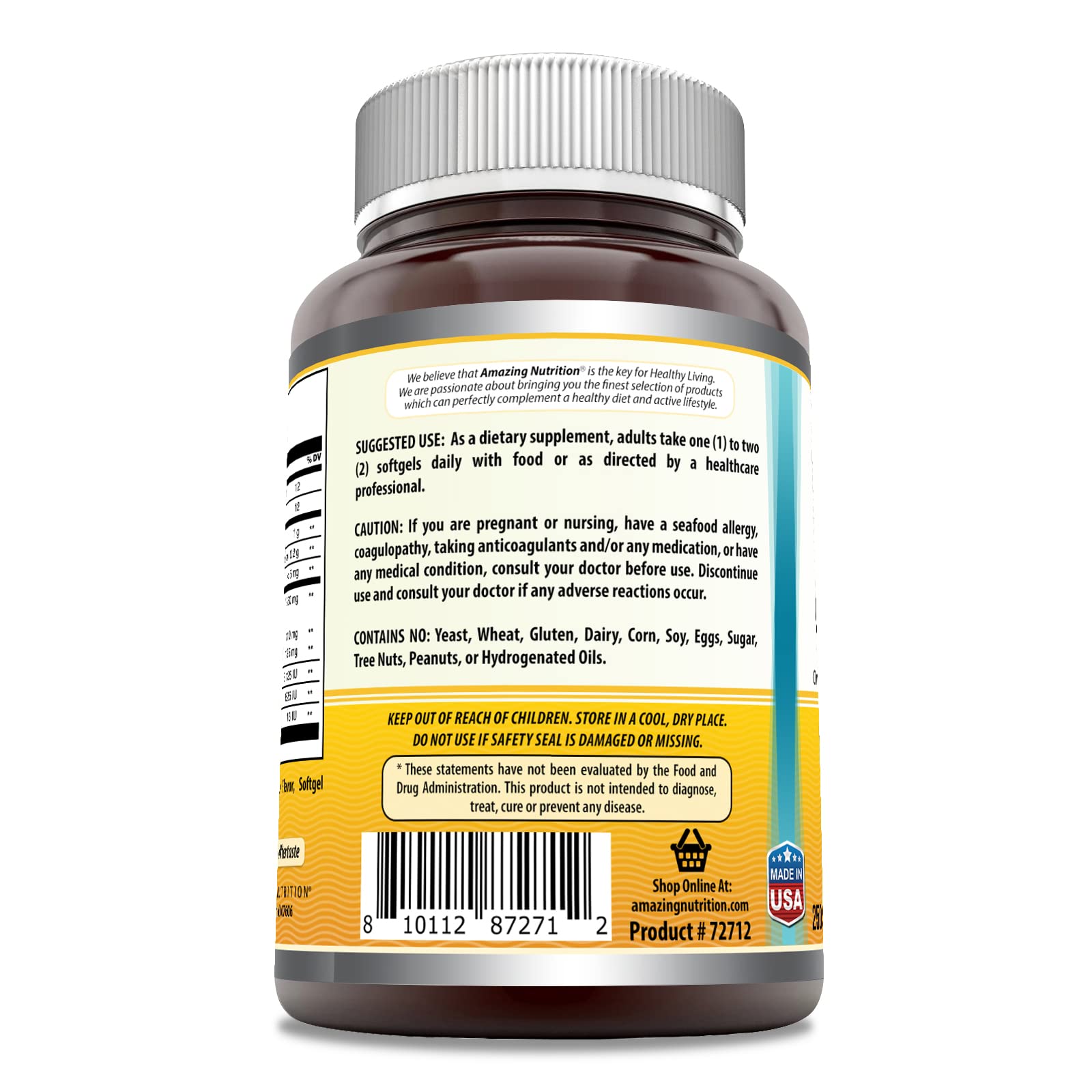 Nutrition label and bottle of Amazing Omega Norwegian Cod Liver Oil 1250 mg Softgels