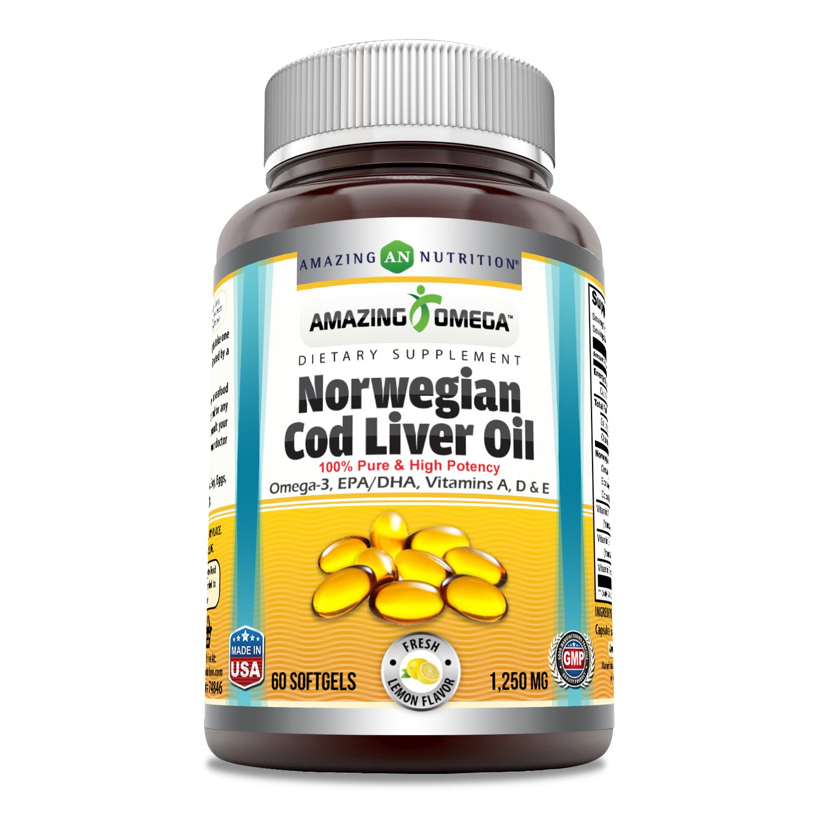 Amazing Omega Norwegian Cod Liver Oil Softgels Lemon flavor bottle, 60-count