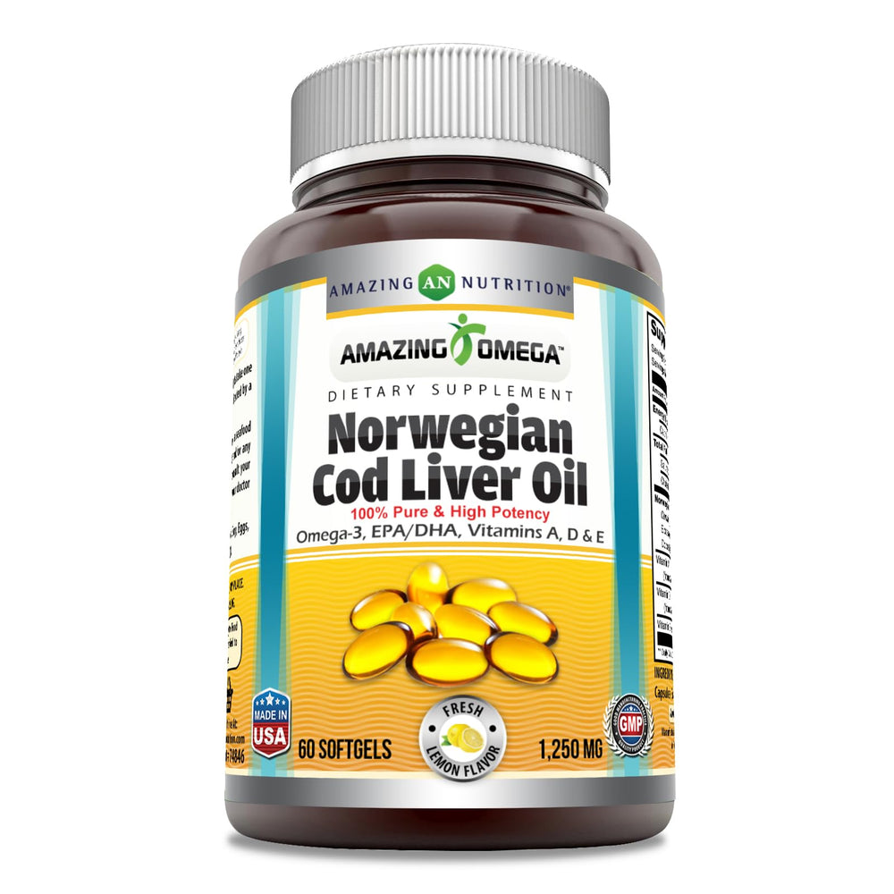 Amazing Omega Norwegian Cod Liver Oil Softgels Lemon flavor bottle, 60-count