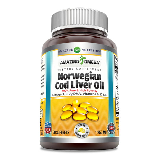 Amazing Omega Norwegian Cod Liver Oil Softgels Lemon flavor bottle, 60-count