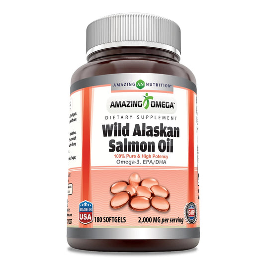 Bottle of Amazing Omega Wild Alaskan Salmon Oil softgels with label