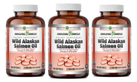 Bottle label for Amazing Omega Wild Alaskan Salmon Oil 2000 mg softgels
