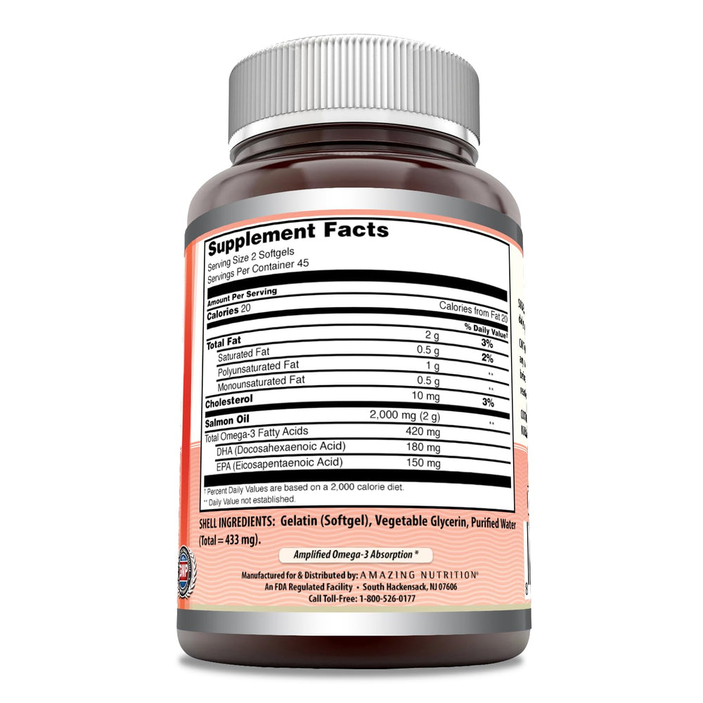 Close-up of 2000mg per serving salmon oil softgels
