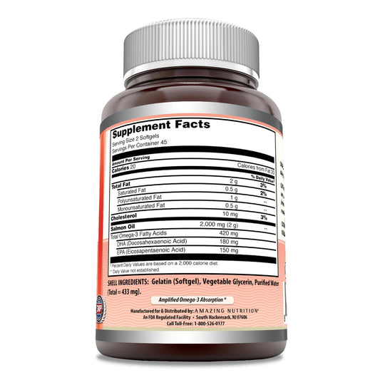 Close-up of 2000mg per serving salmon oil softgels