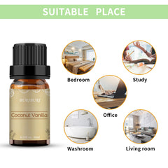 Close-up of amber glass bottle for coconut vanilla essential oil