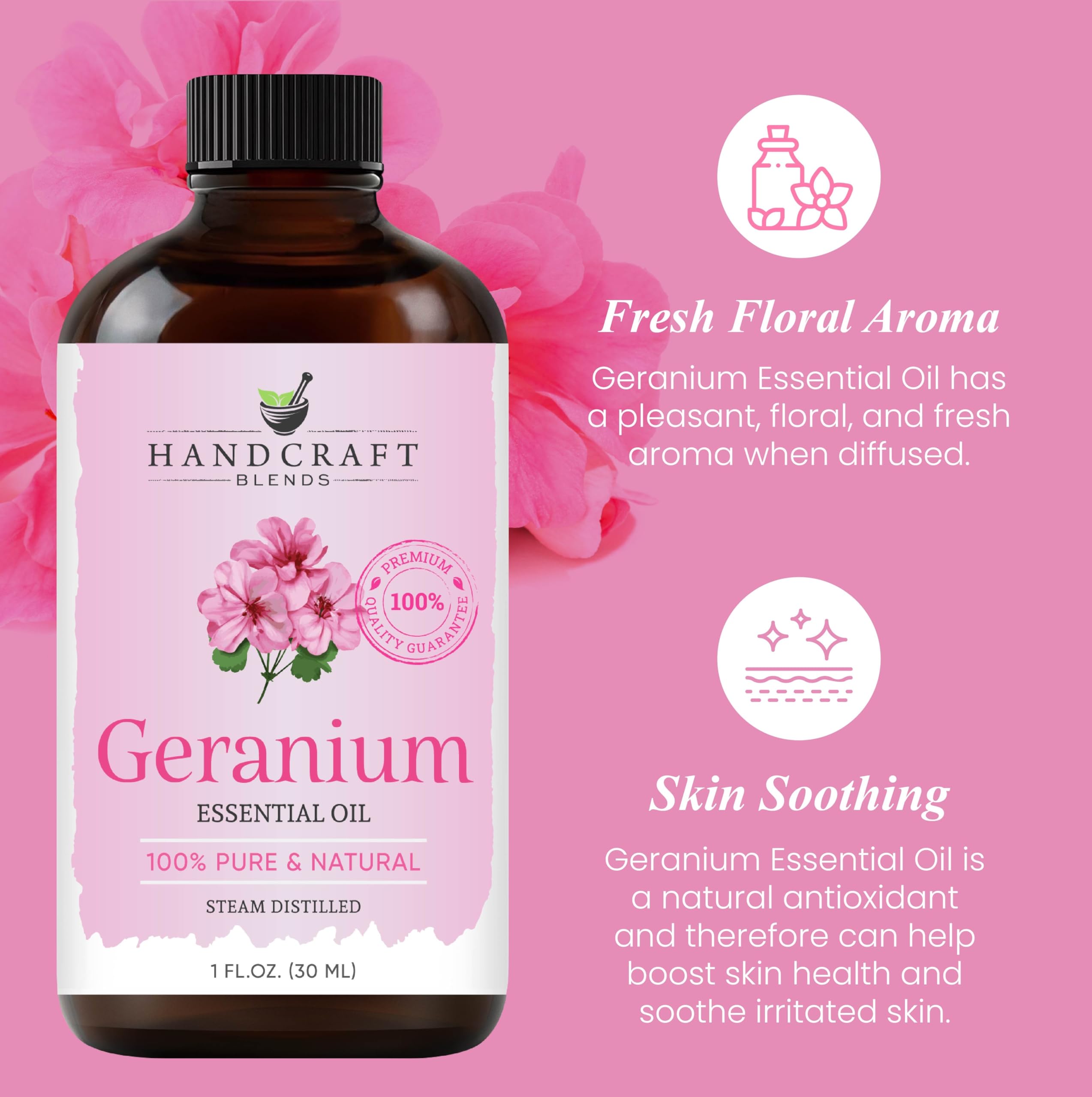 Amber glass bottle with dropper for geranium essential oil