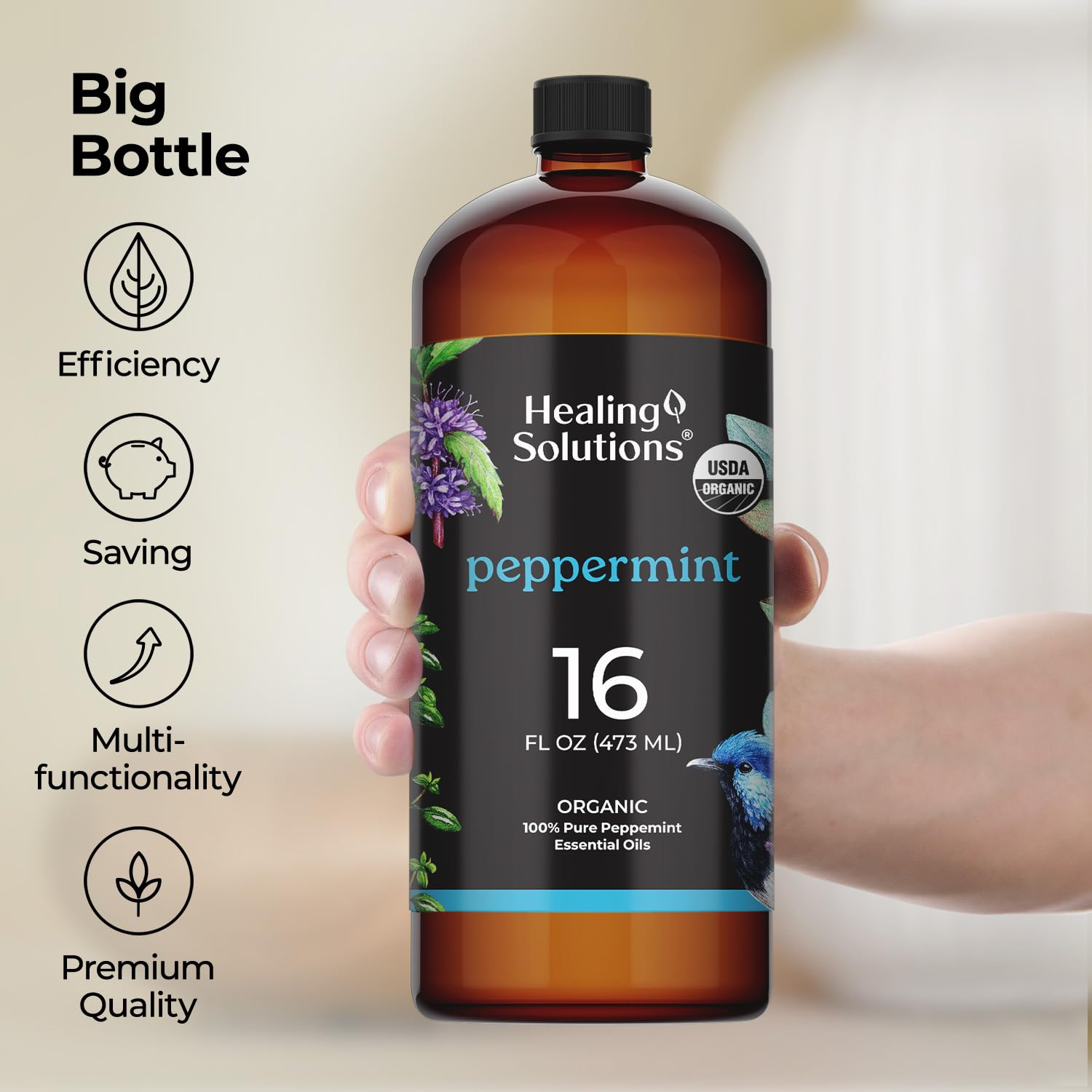 Amber glass bottle of peppermint essential oil 16oz for storage