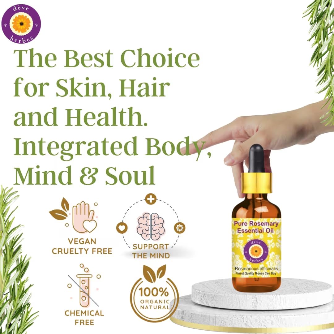 Amber glass bottle with rosemary essential oil on white background