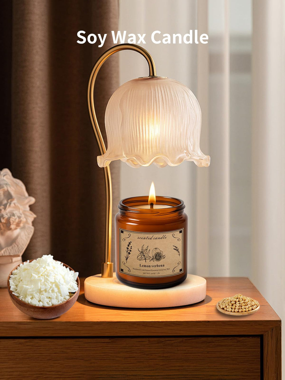 Amber glass jar candle with gold lid for home fragrance