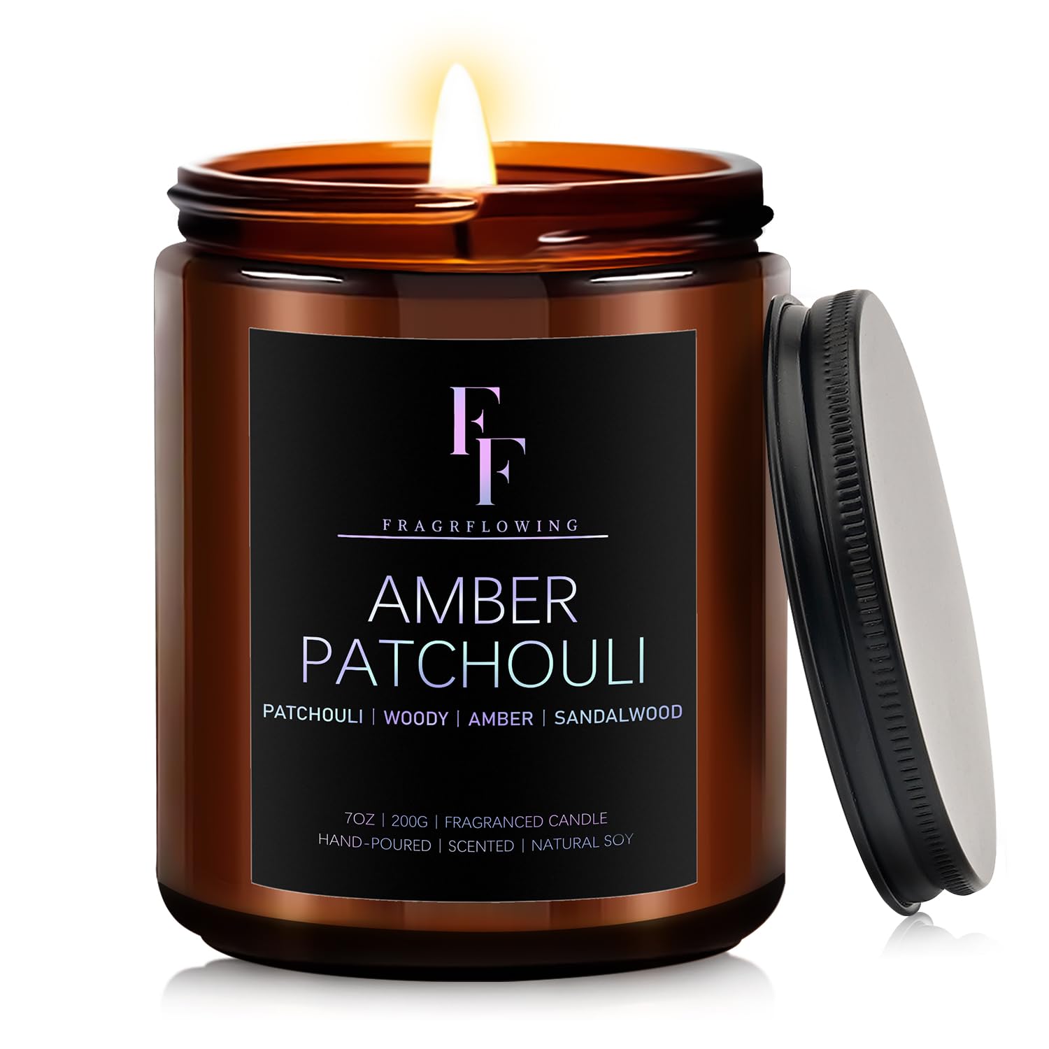 Amber Patchouli Scented Candle in 7oz amber jar with cotton wick