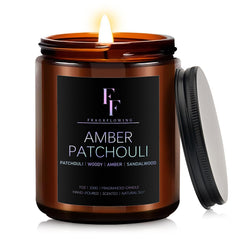 Amber Patchouli Scented Candle in 7oz amber jar with cotton wick