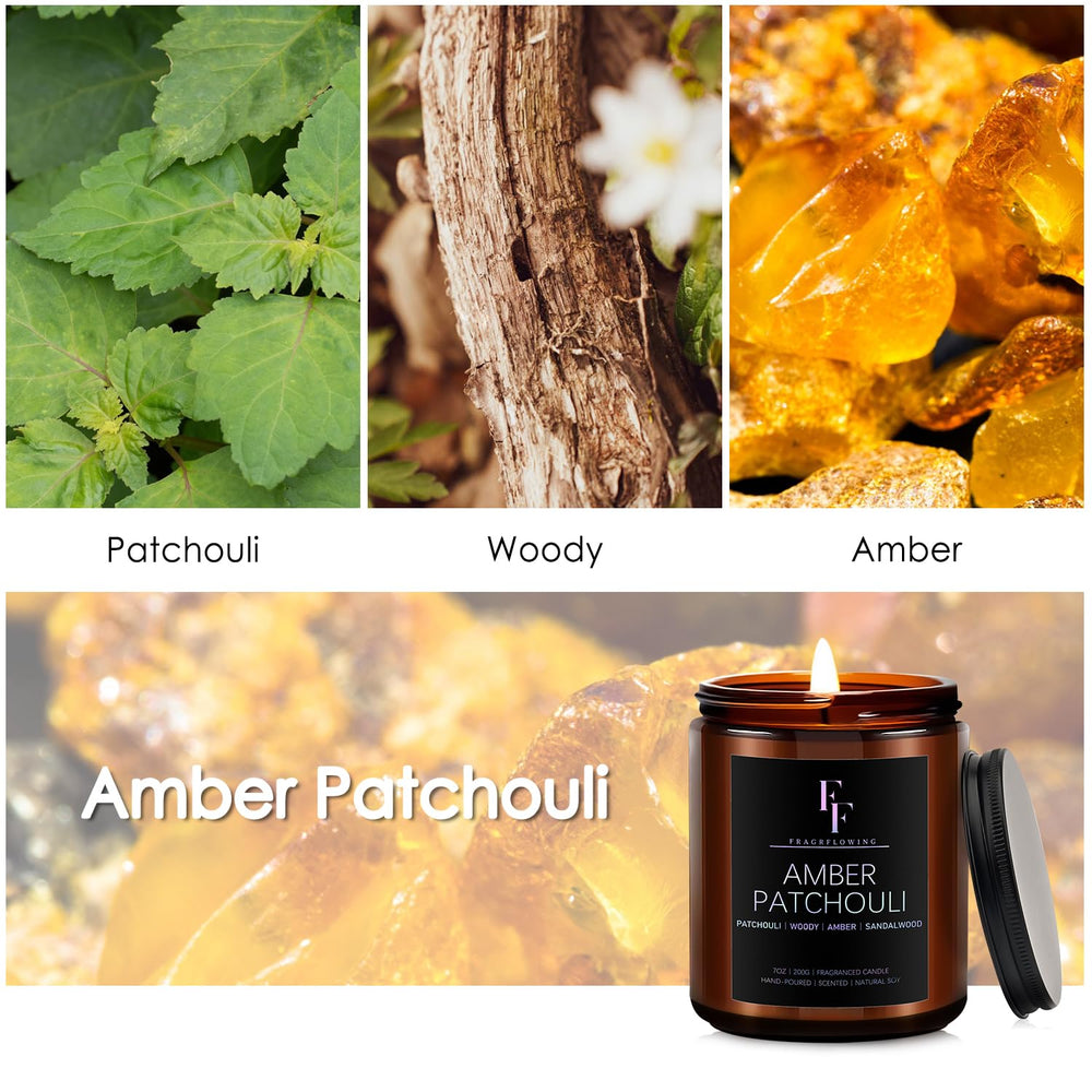 Close-up of Amber Patchouli soy wax candle in amber jar