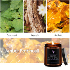 Close-up of Amber Patchouli soy wax candle in amber jar