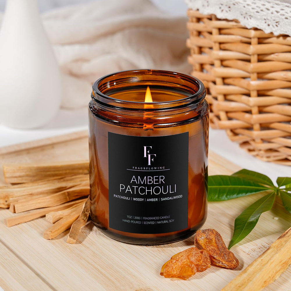 Gift box packaging featuring Amber Patchouli candle for gifting