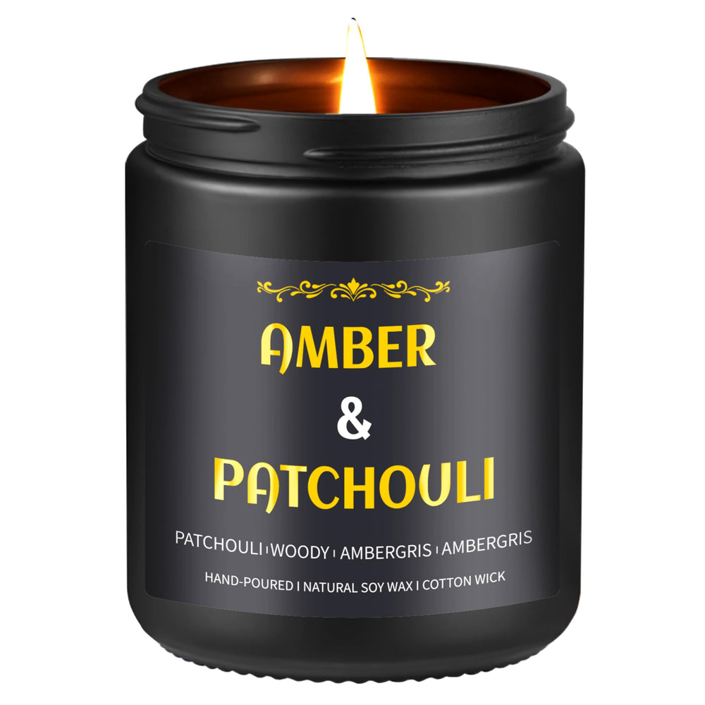 Amber Patchouli Candle 9 oz front view in black jar with gold embossing