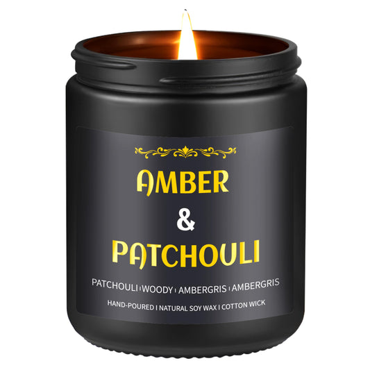 Amber Patchouli Candle 9 oz front view in black jar with gold embossing