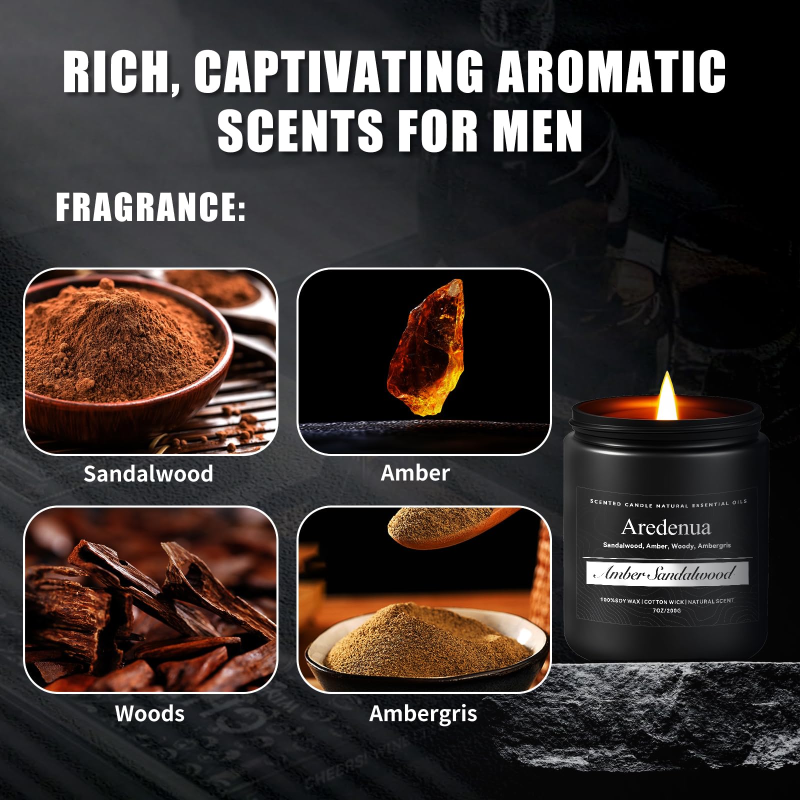 Lifestyle image of Amber Sandalwood candle in a cozy bedroom setting.
