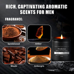 Lifestyle image of Amber Sandalwood candle in a cozy bedroom setting.