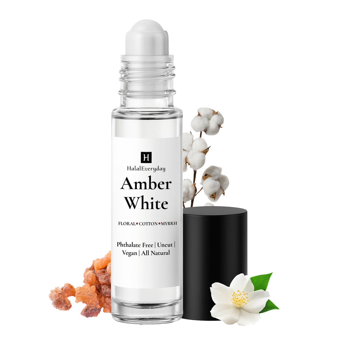 Amber White Type Fragrance Oil in a 1/3 oz glass roll-on bottle