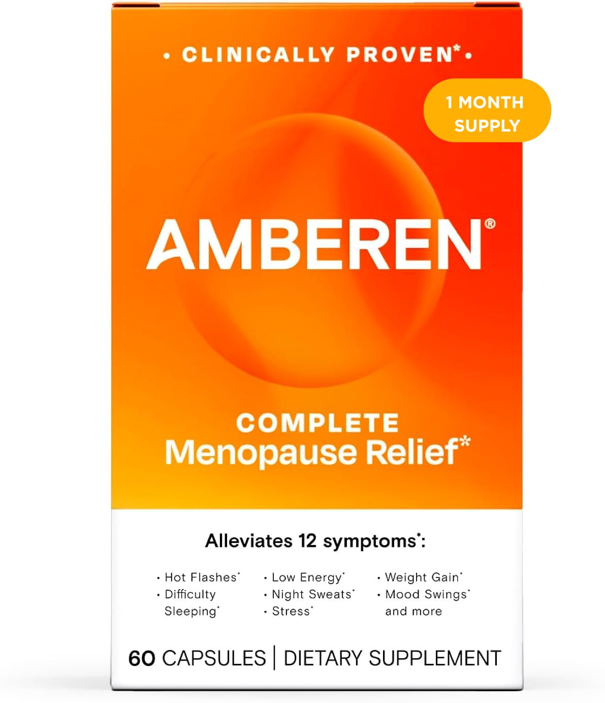 Amberen menopause bottle on table suggesting daily relief for hot flashes and sleep support.