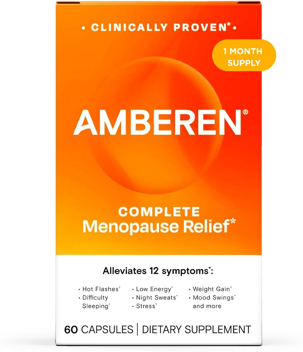Amberen menopause bottle on table suggesting daily relief for hot flashes and sleep support.