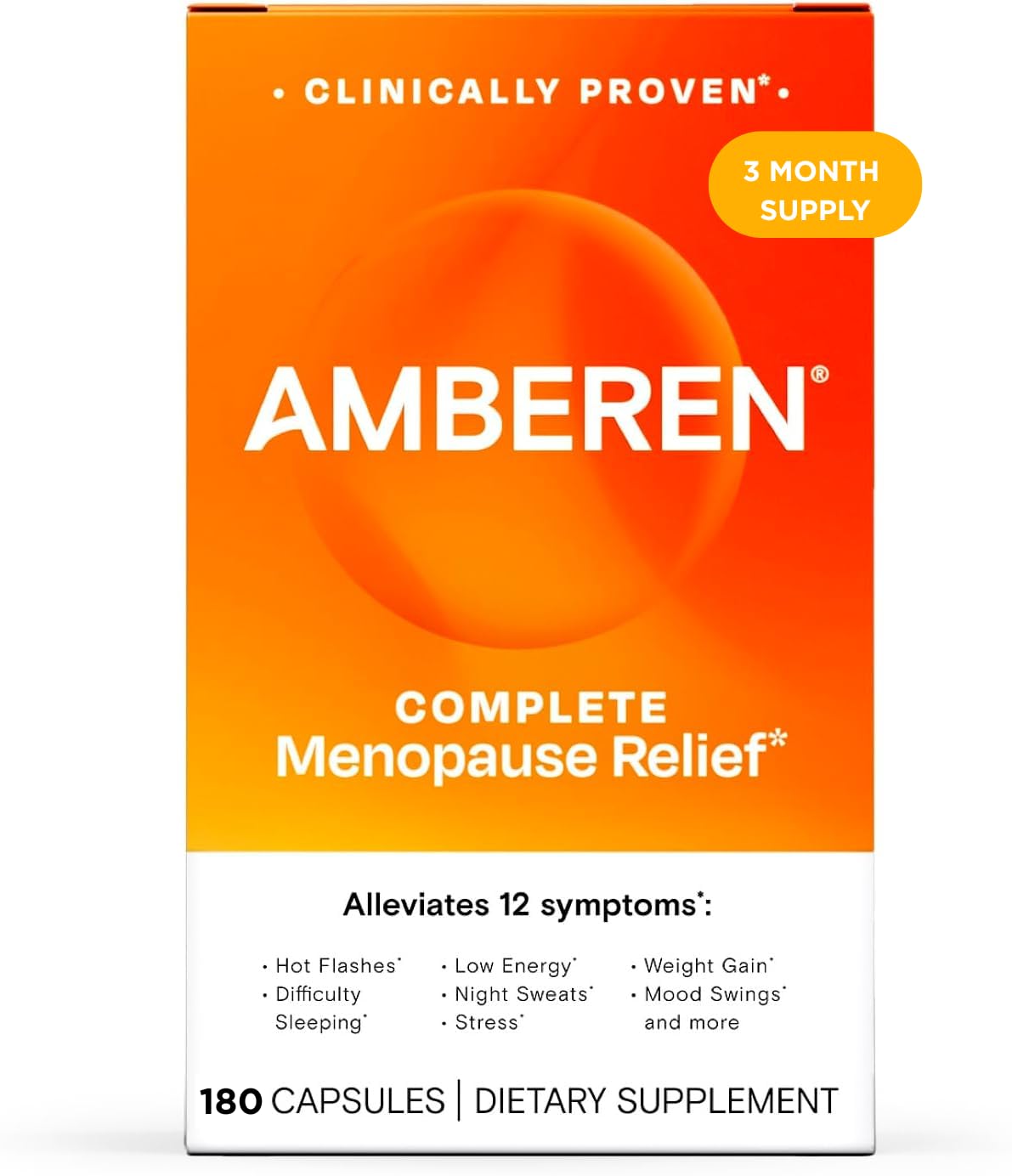 Amberen menopause capsules bottle highlighting 180-count packaging for ongoing balance