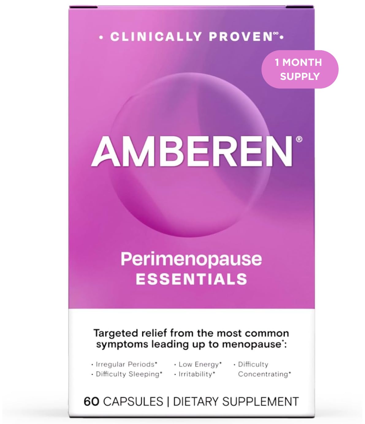 Amberen Perimenopause bottle with label for easy dosage and 60-count convenience.