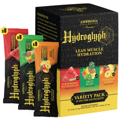Ambrosia Hydroglyph front view with Variety Pack on-the-go packs