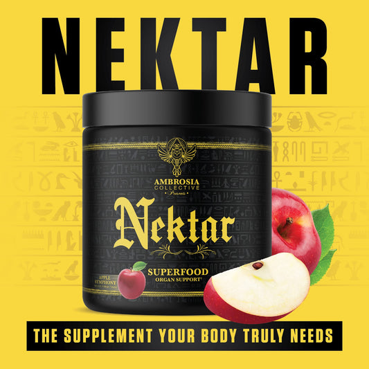 Ambrosia Nektar powder scooped next to prepared drink