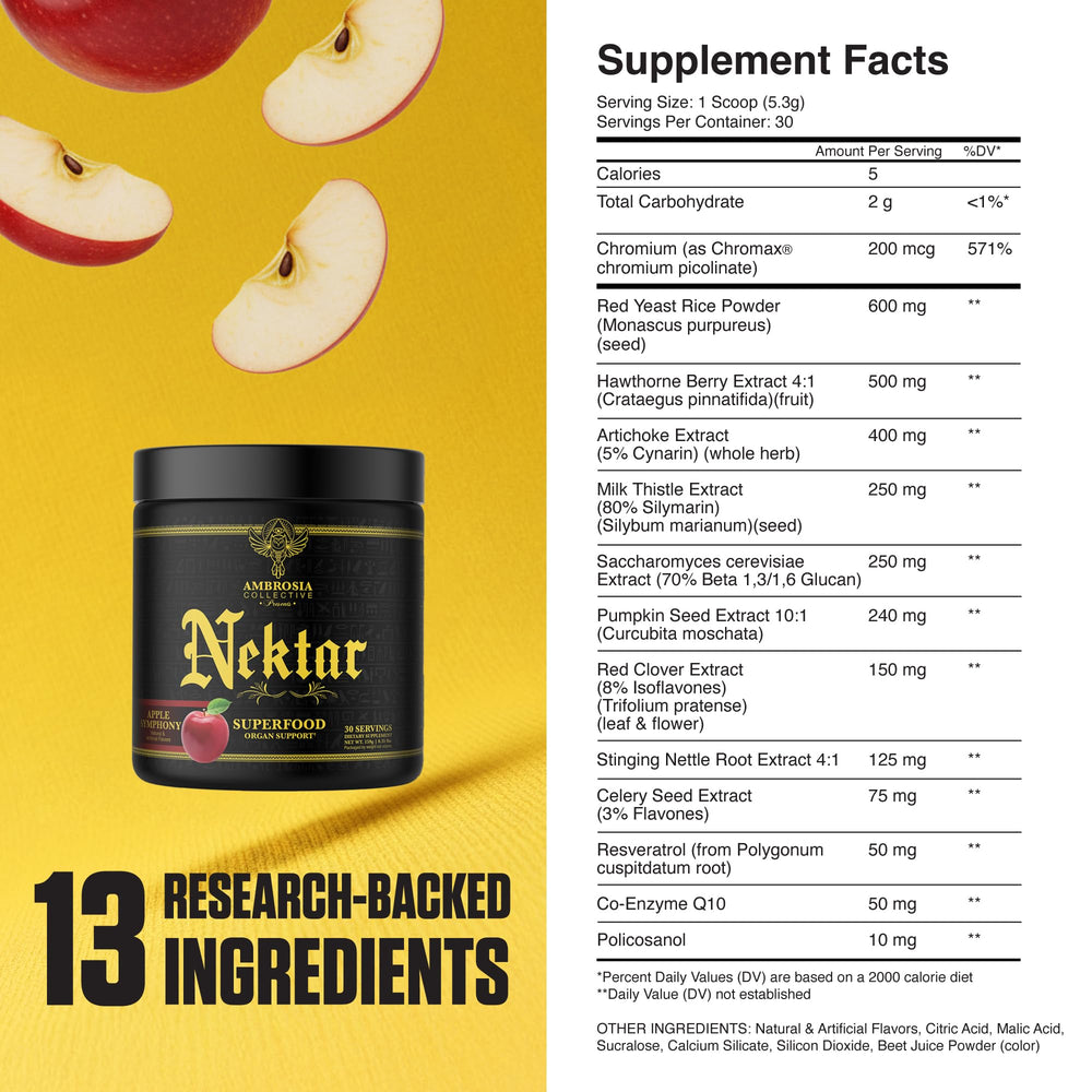 Ambrosia Nektar bottle with fresh fruit, suggesting immune and digestion support