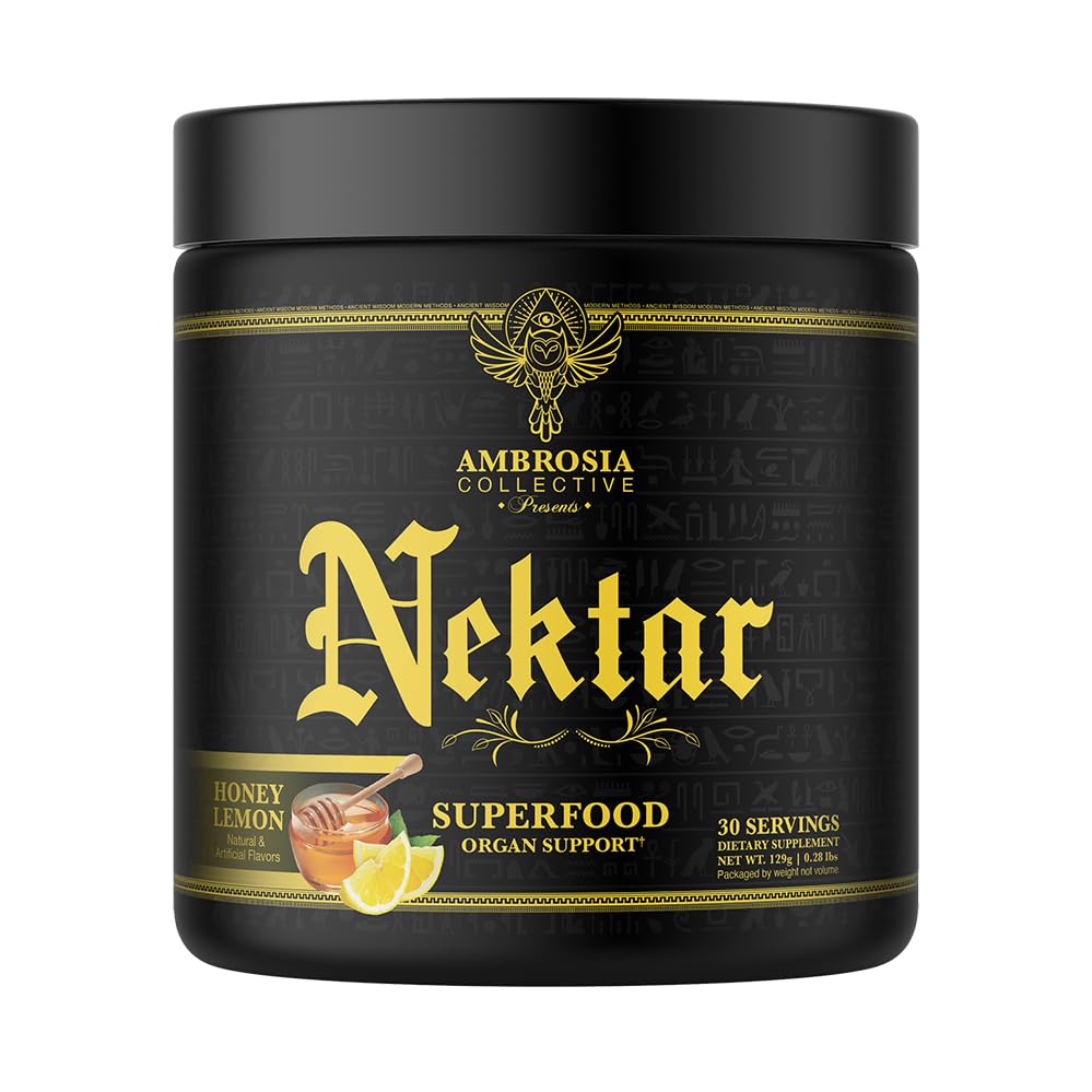 Ambrosia Nektar Honey Lemon flavor tub with scoop