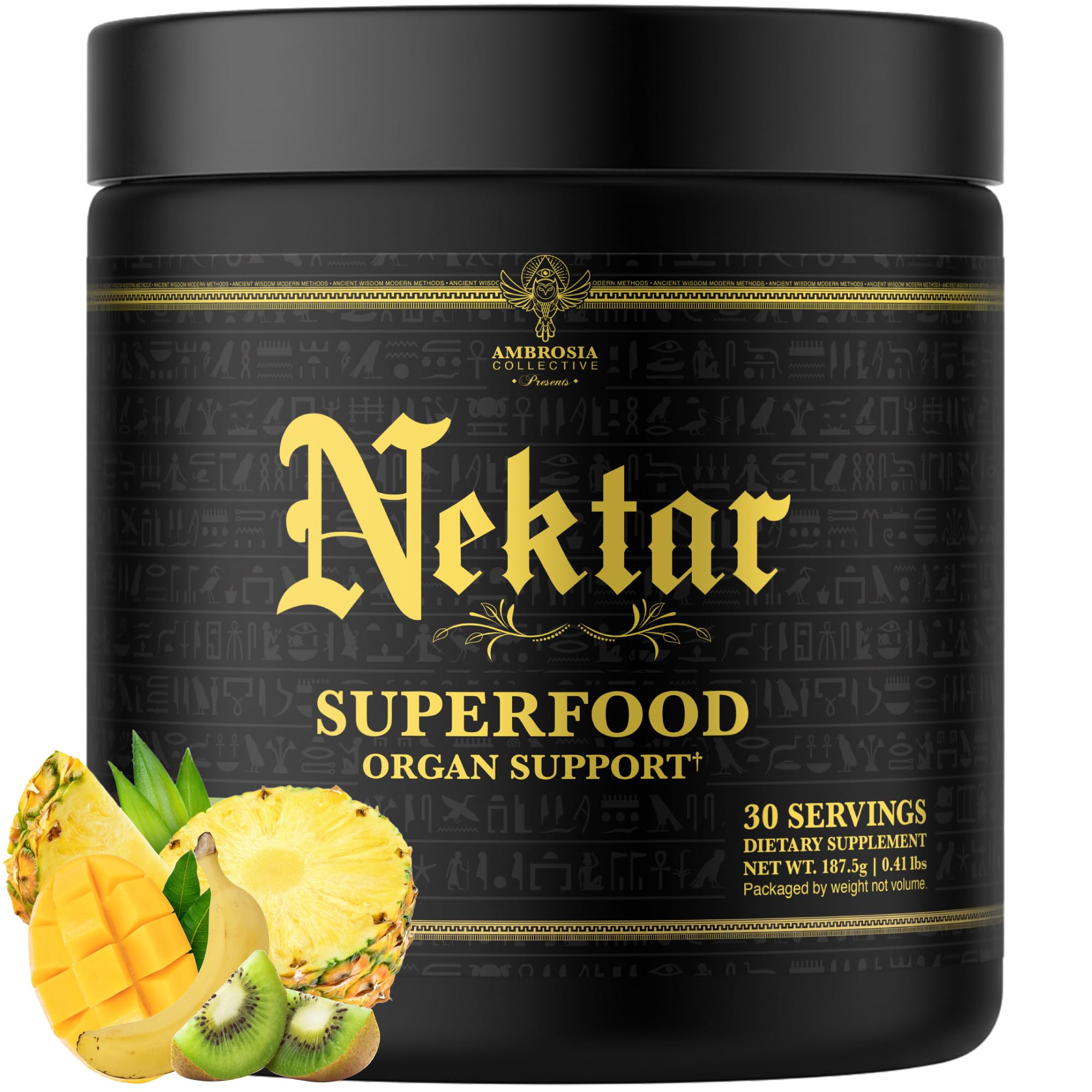 Ambrosia Nektar powder bottle showcasing 13 superfoods for daily energy and digestion support