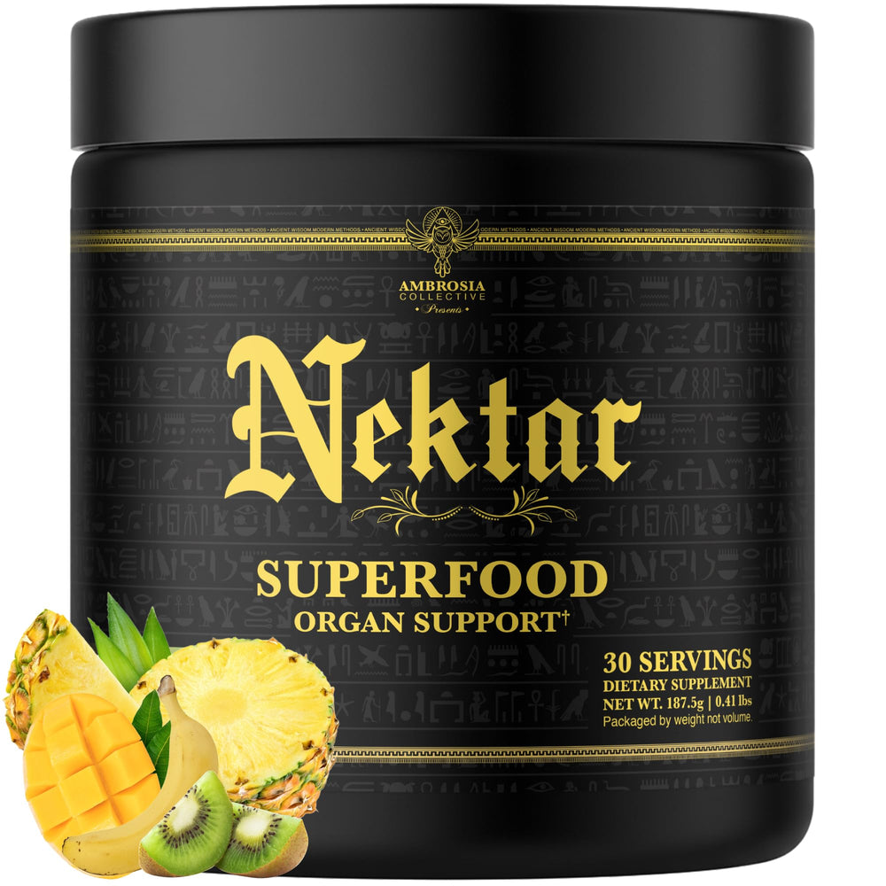 Ambrosia Nektar powder bottle showcasing 13 superfoods for daily energy and digestion support