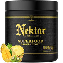 Ambrosia Nektar powder bottle showcasing 13 superfoods for daily energy and digestion support
