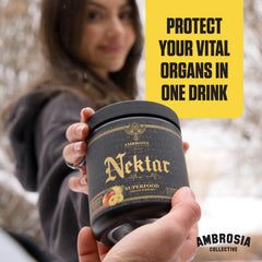 Ambrosia Nektar tub beside a water bottle for convenient daily dosage