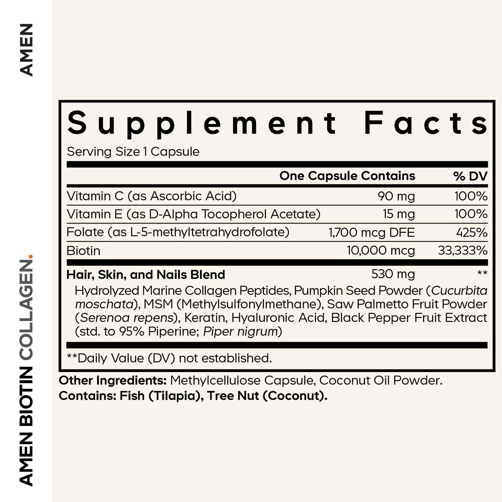 Close-up of Amen Biotin Collagen Vitamins+ capsule and bottle