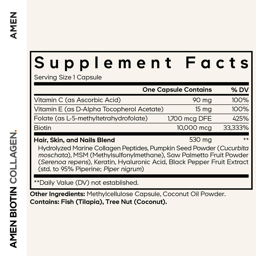 Close-up of Amen Biotin Collagen Vitamins+ capsule and bottle