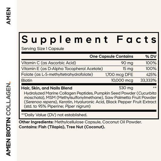 Close-up of Amen Biotin Collagen Vitamins+ capsule and bottle