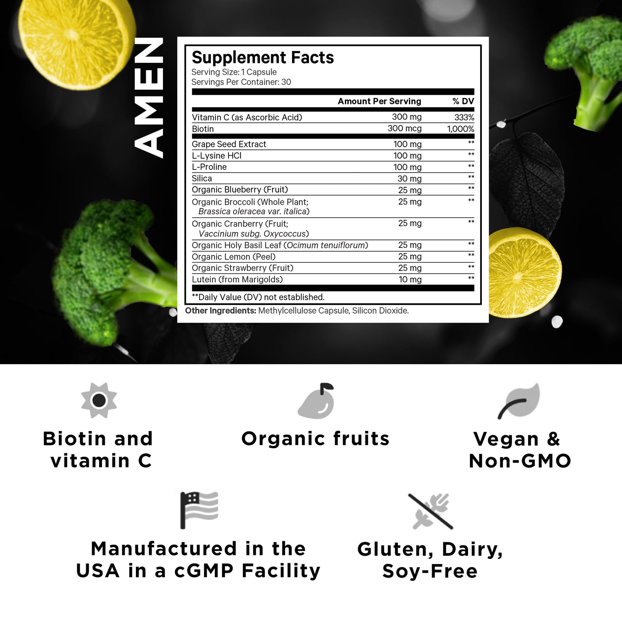 Label detail showing organic whole foods and vitamin C