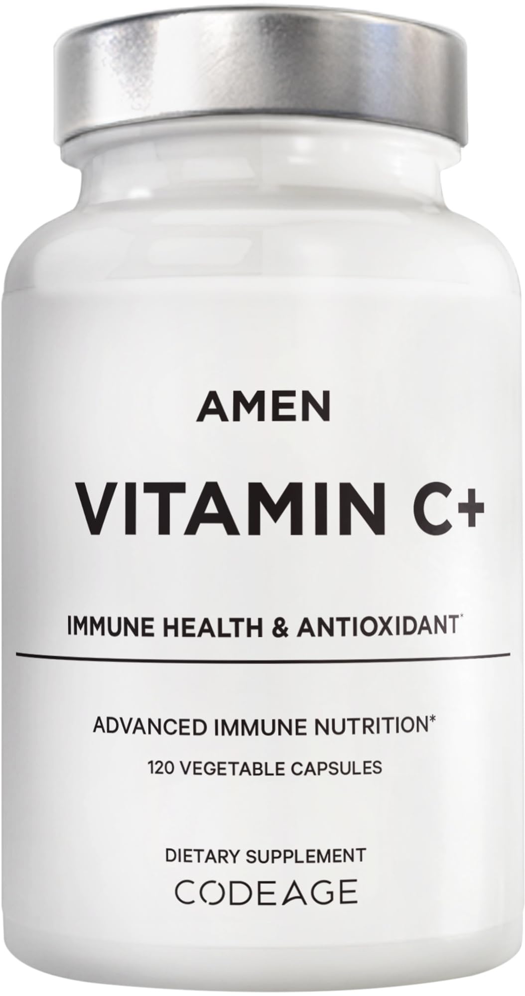 Amen Vitamin C+ bottle with zinc and plant-based ingredients including bioflavonoids, elderberry, quercetin and rose hips